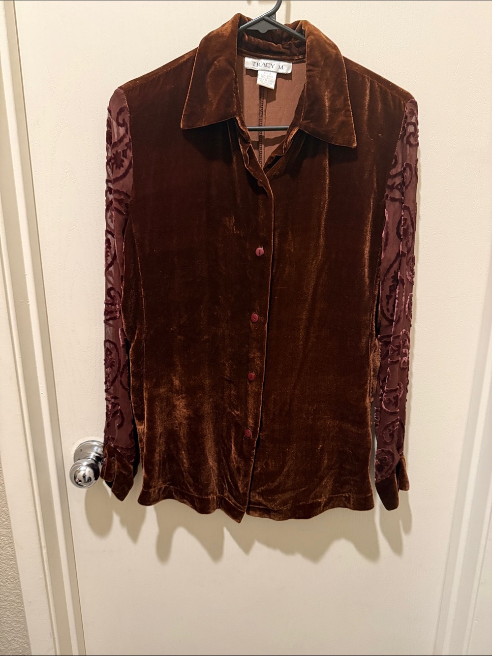 Tracy M Brown Velvet Button-Front Top with Plum Patterned Sleeves